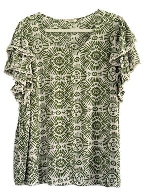Haute Hippie Green & White Printed Ruffle Sleeve Blouse 1X